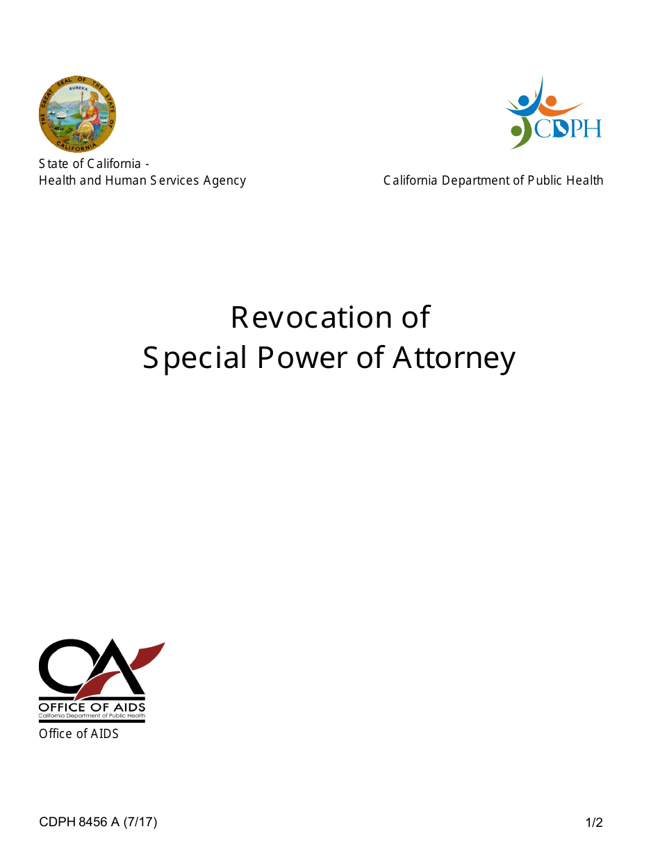 Form CDPH8456 A Revocation of Special Power of Attorney - California, Page 1