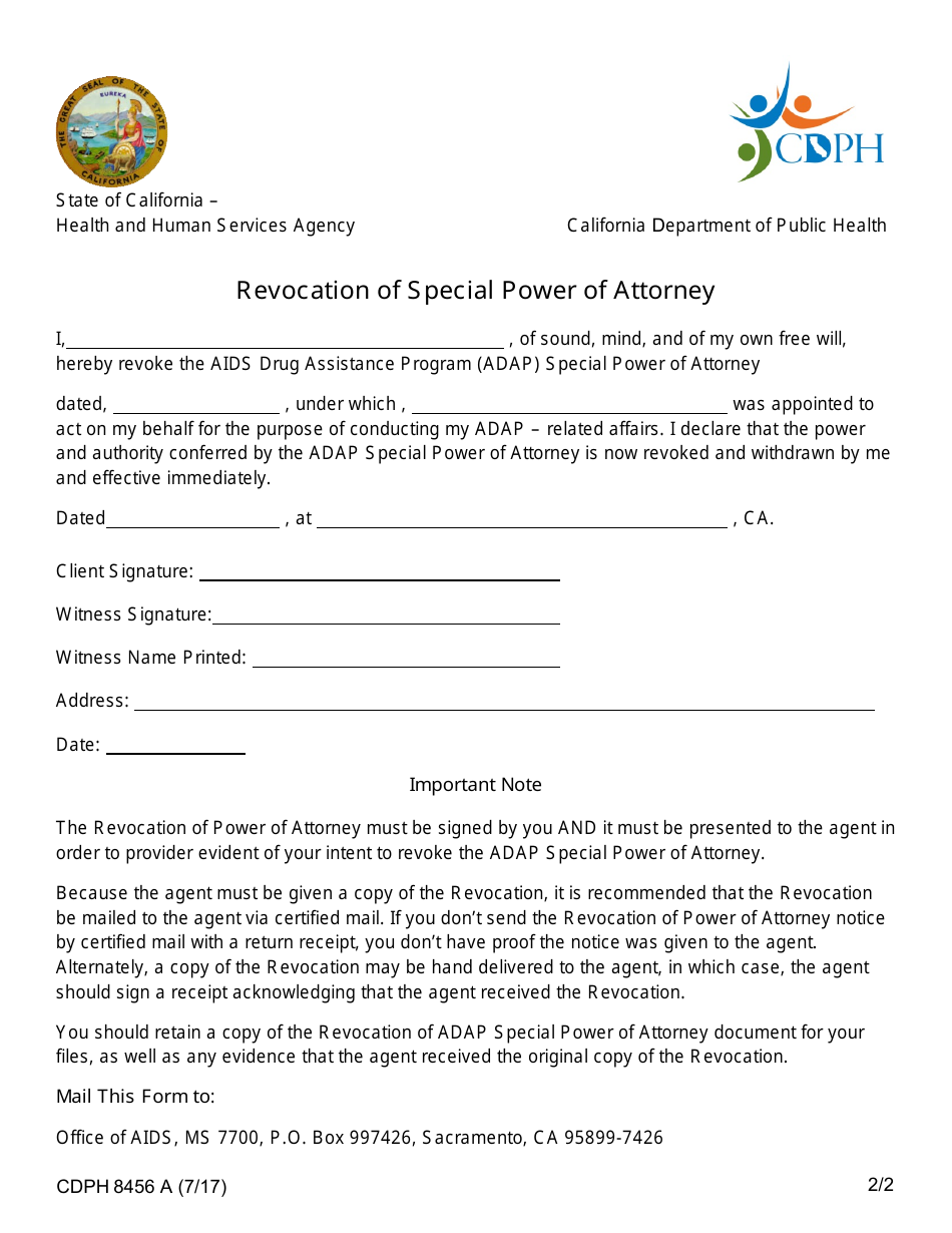 Form CDPH8456 A Revocation of Special Power of Attorney - California, Page 2