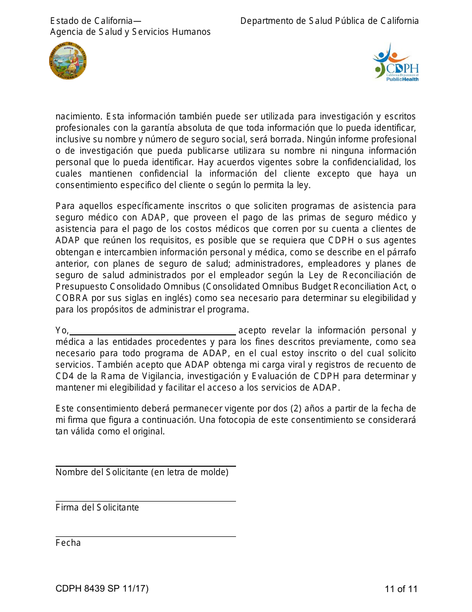 Formulario CDPH8439 SP Solicitud De Inscripcion - Programa De Asistencia Para Medicamentos Contra El Sida - California (Spanish), Page 11