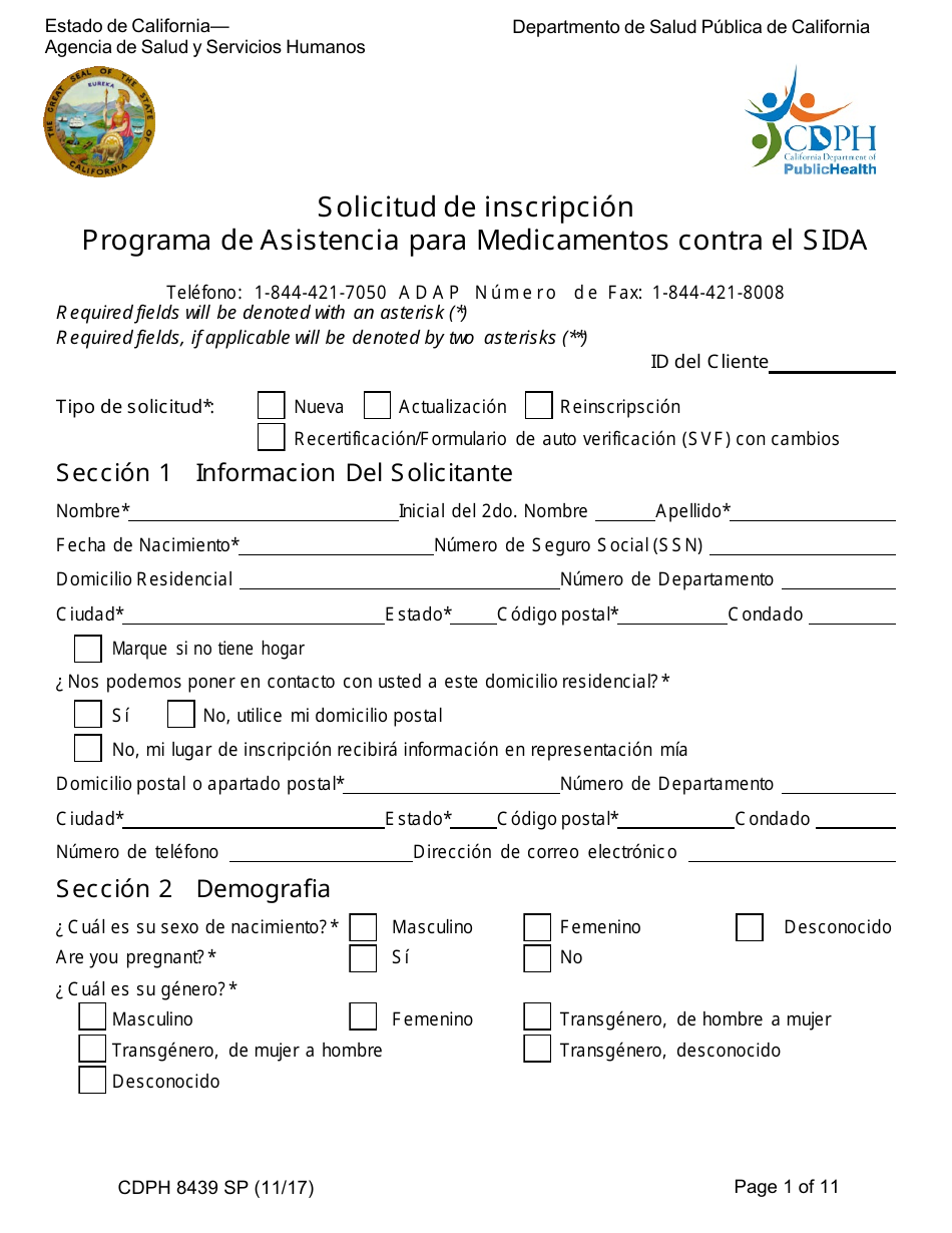 Formulario CDPH8439 SP Solicitud De Inscripcion - Programa De Asistencia Para Medicamentos Contra El Sida - California (Spanish), Page 1
