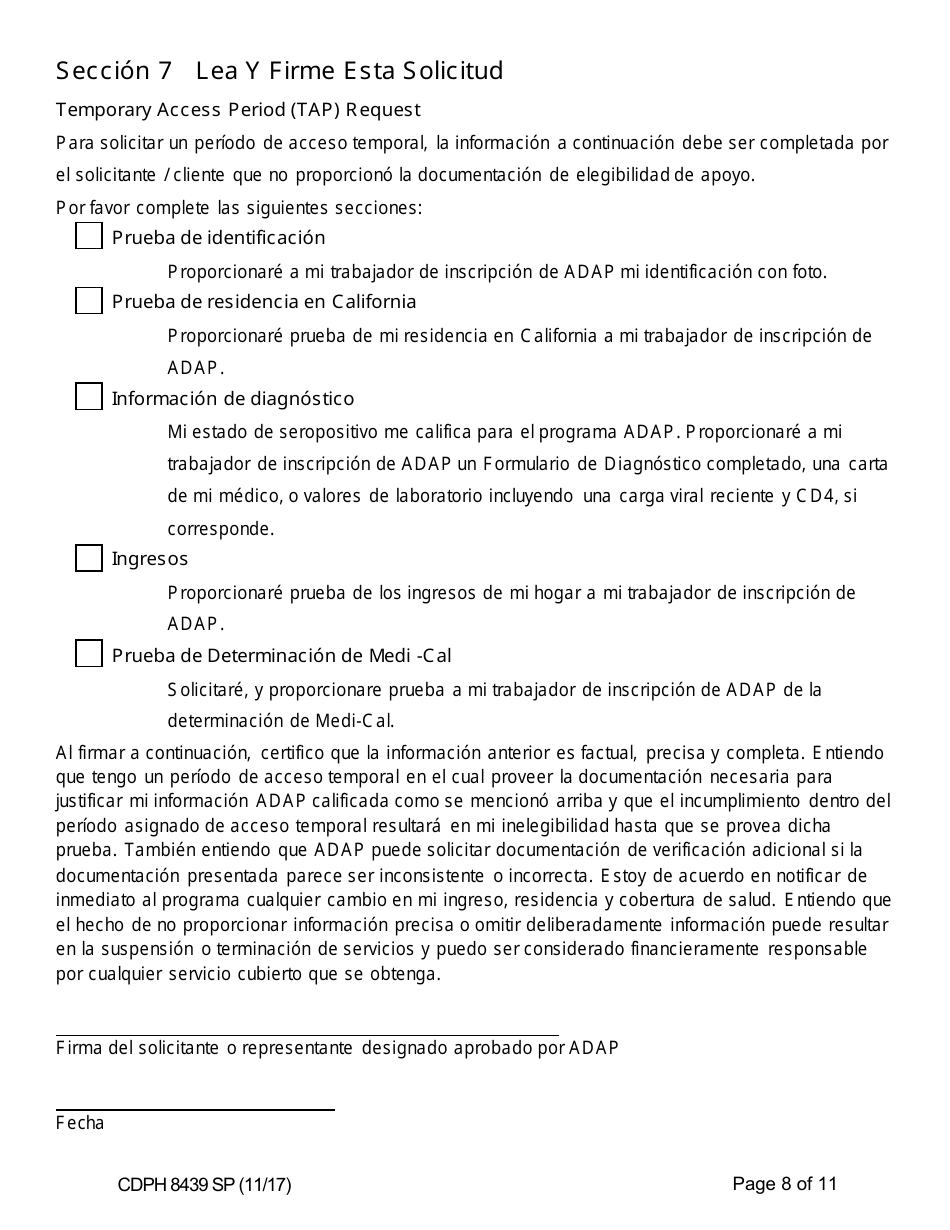 Formulario CDPH8439 SP Solicitud De Inscripcion - Programa De Asistencia Para Medicamentos Contra El Sida - California (Spanish), Page 8