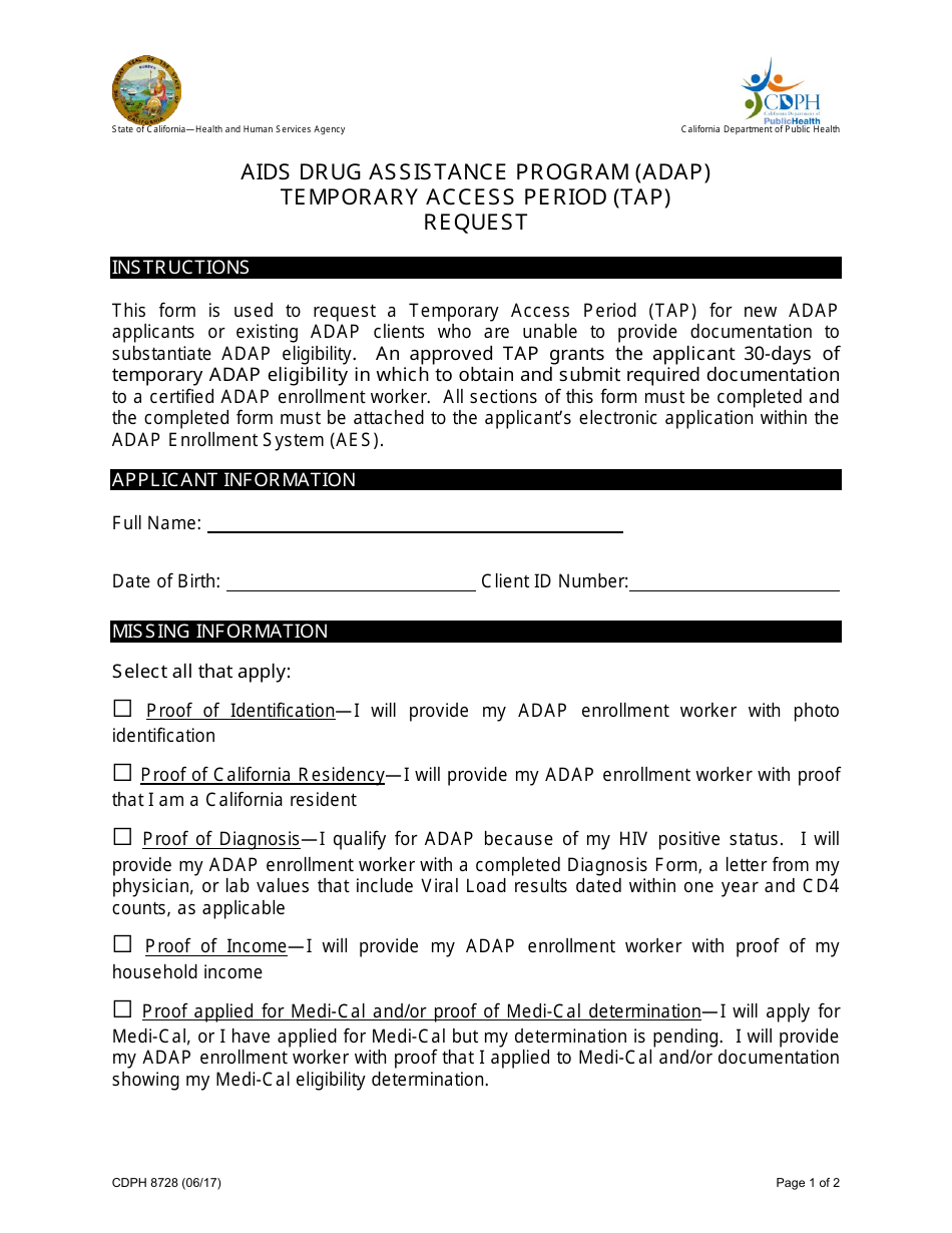 Form CDPH8728 AIDS Drug Assistance Program (Adap) Temporary Access Period (Tap) Request - California, Page 1