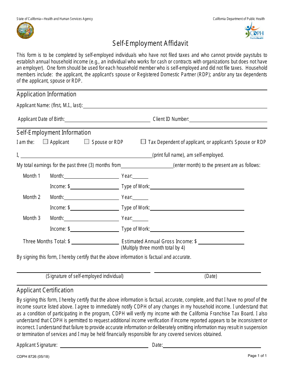 Form CDPH8726 Self-employment Affidavit - California, Page 1