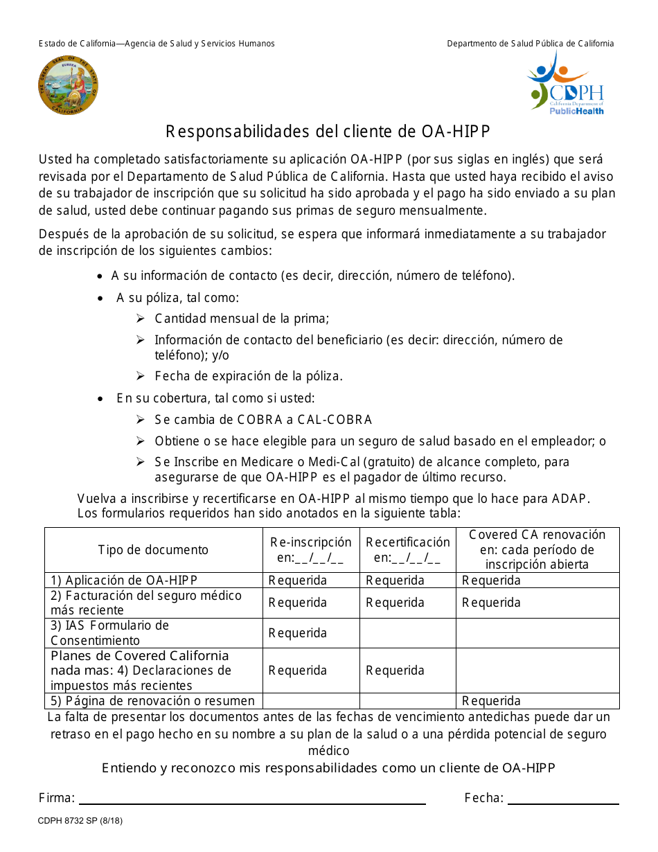 Formulario CDPH8732 SP Responsabilidades Del Cliente De OA-Hipp - California (Spanish), Page 1