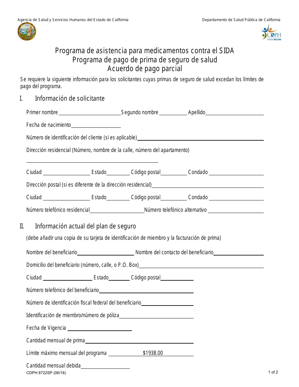 Formulario CDPH8722SP Programa De Pago De Prima De Seguro De Salud Acuerdo De Pago Parcial - Programa De Asistencia Para Medicamentos Contra El Sida - California (Spanish), Page 1