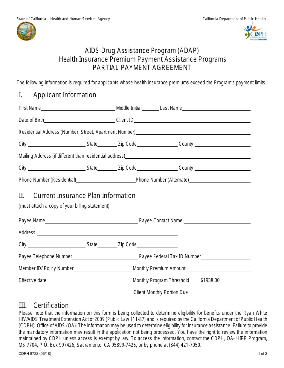 Form CDPH8722 Health Insurance Premium Payment Assistance Programs Partial Payment Agreement - AIDS Drug Assistance Program (Adap) - California, Page 1
