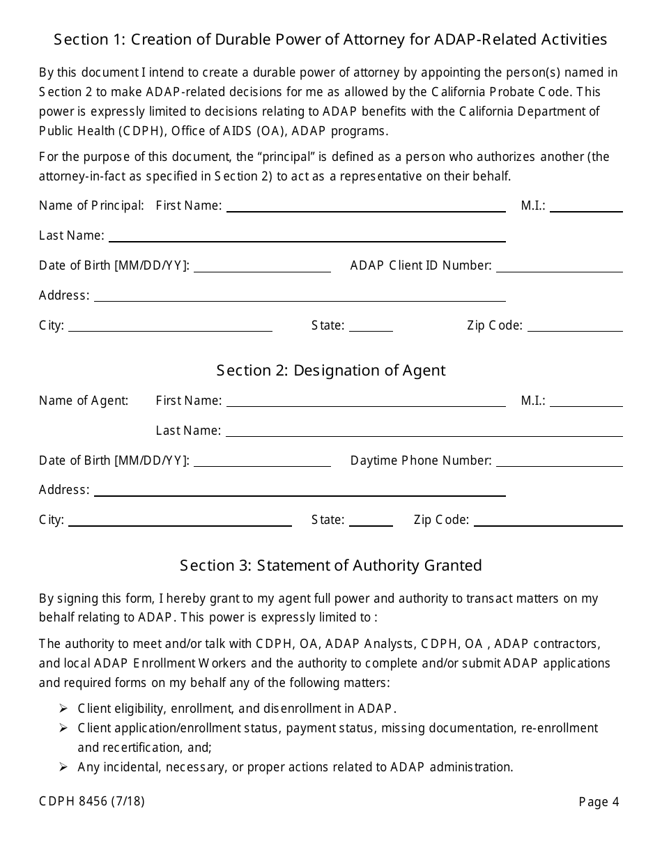 Form CDPH8456 Special Power of Attorney - California, Page 4