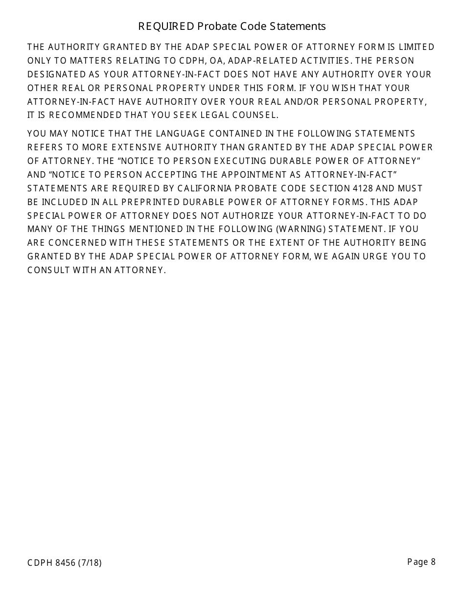 Form CDPH8456 Special Power of Attorney - California, Page 8