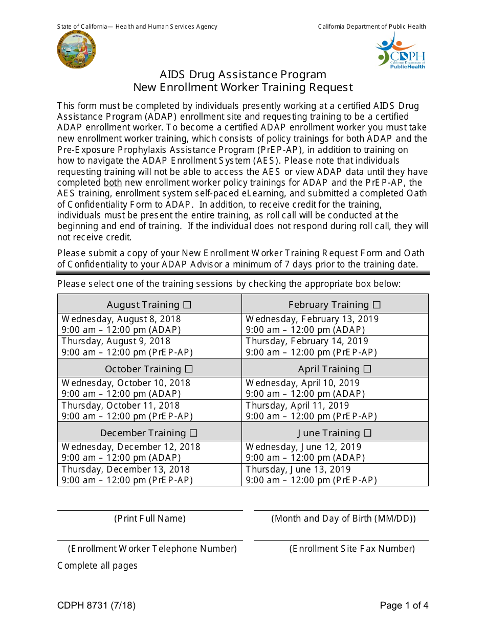 Form CDPH8731 AIDS Drug Assistance Program New Enrollment Worker Training Request - California, Page 1