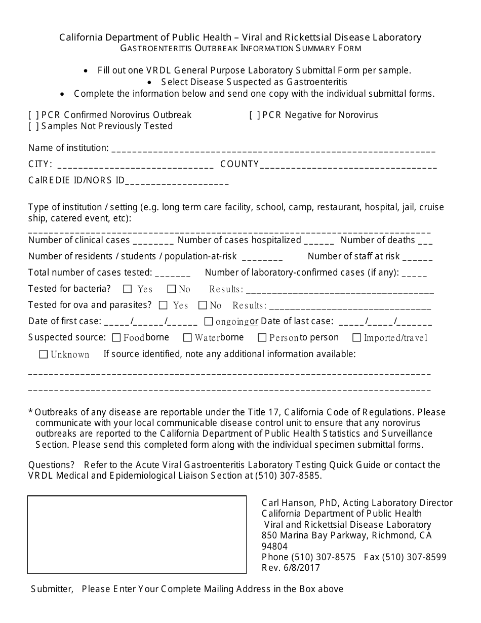 Gastroenteritis Outbreak Information Summary Form - California, Page 1