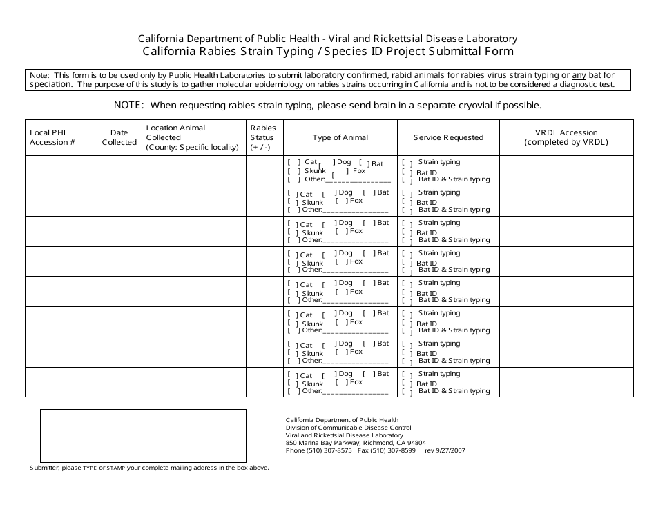 California Rabies Strain Typing / Species Id Project Submittal Form - California, Page 1