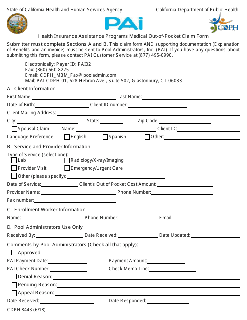 Form Cdph8443 Download Fillable Pdf Or Fill Online Health Insurance Assistance Programs Medical Out Of Pocket Claim Form California Templateroller