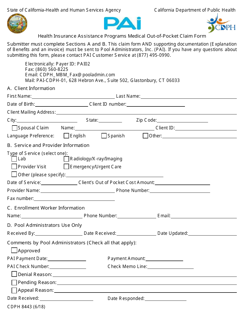 Form CDPH8443 Health Insurance Assistance Programs Medical out-Of-Pocket Claim Form - California, Page 1