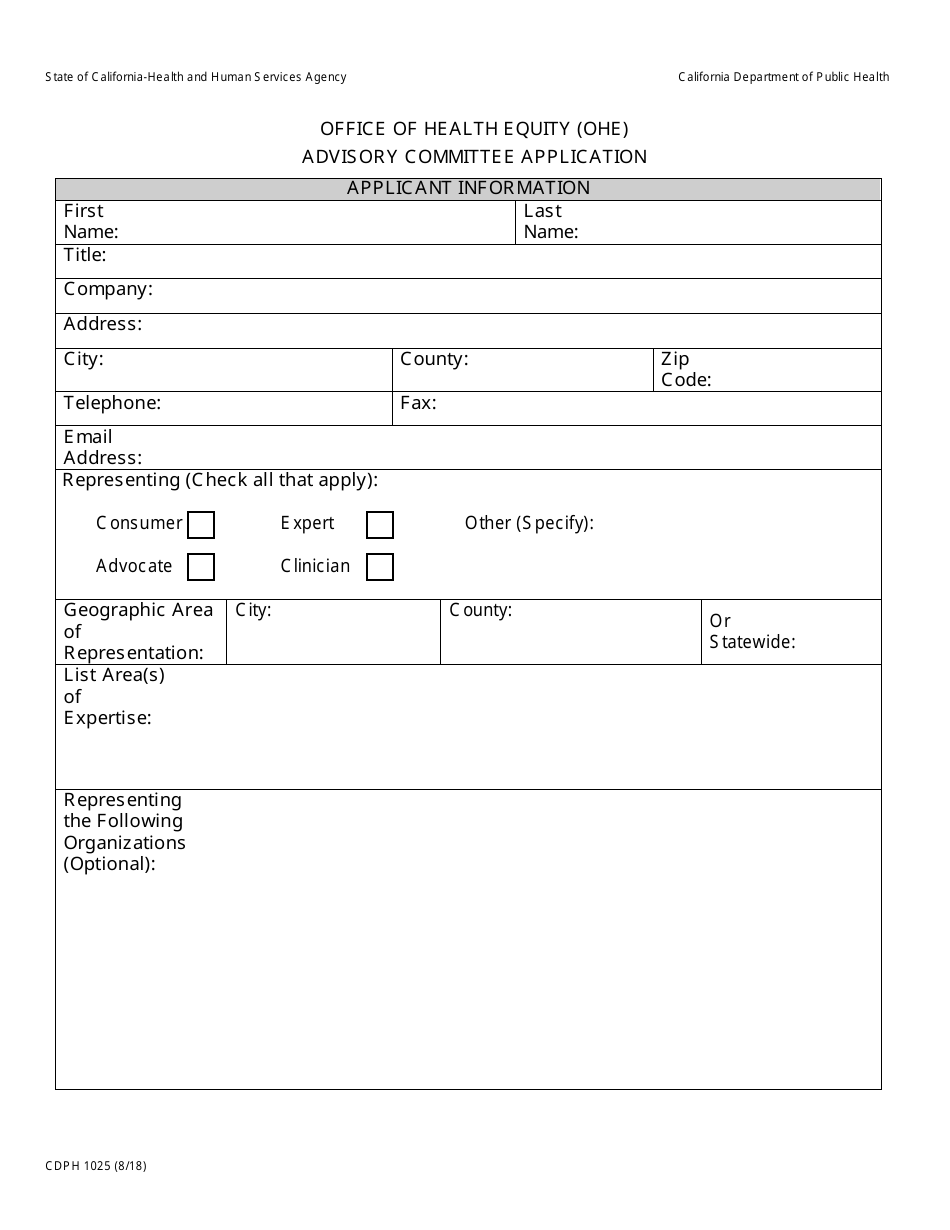 Form CDPH1025 Advisory Committee Application - California, Page 1