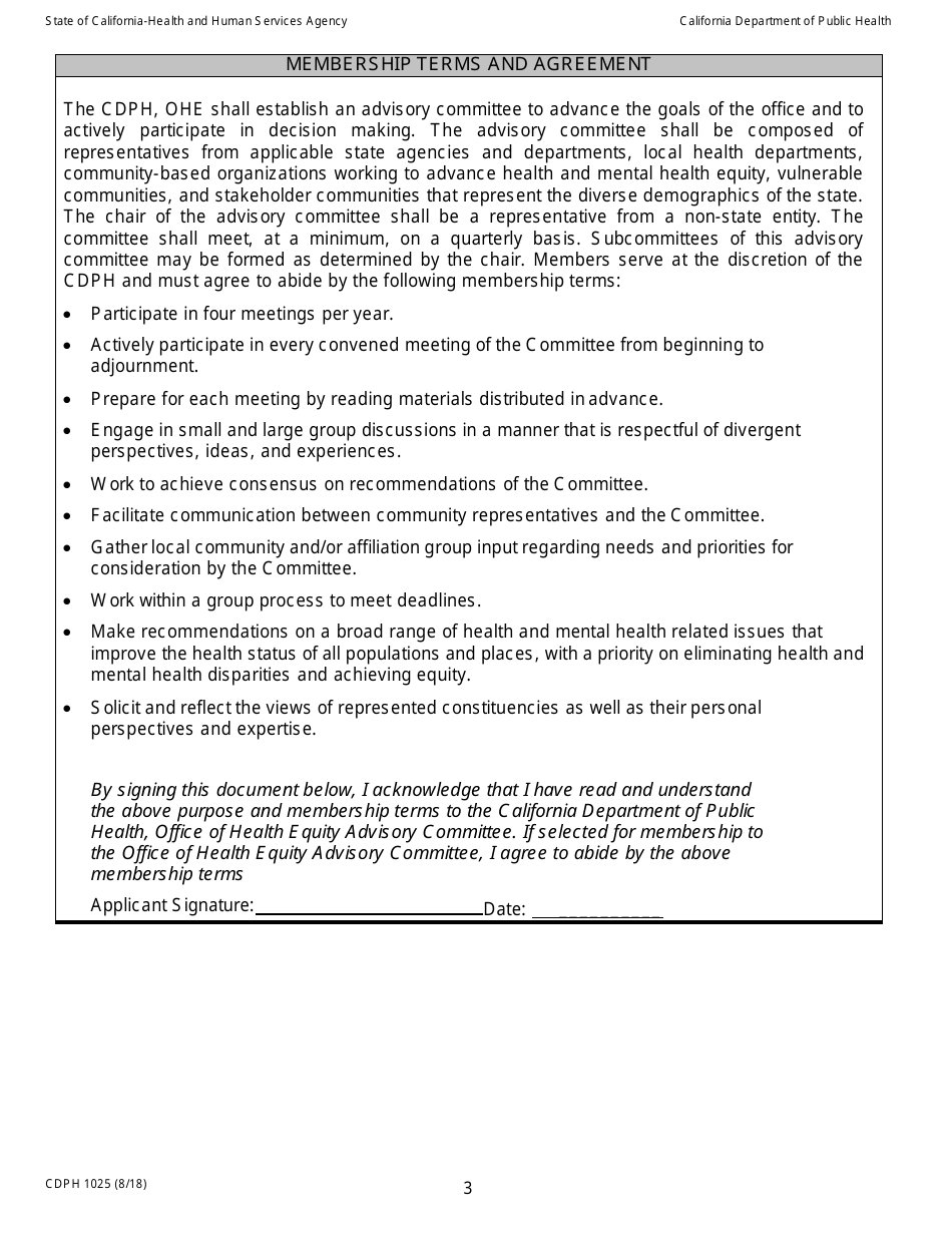 Form CDPH1025 Advisory Committee Application - California, Page 3