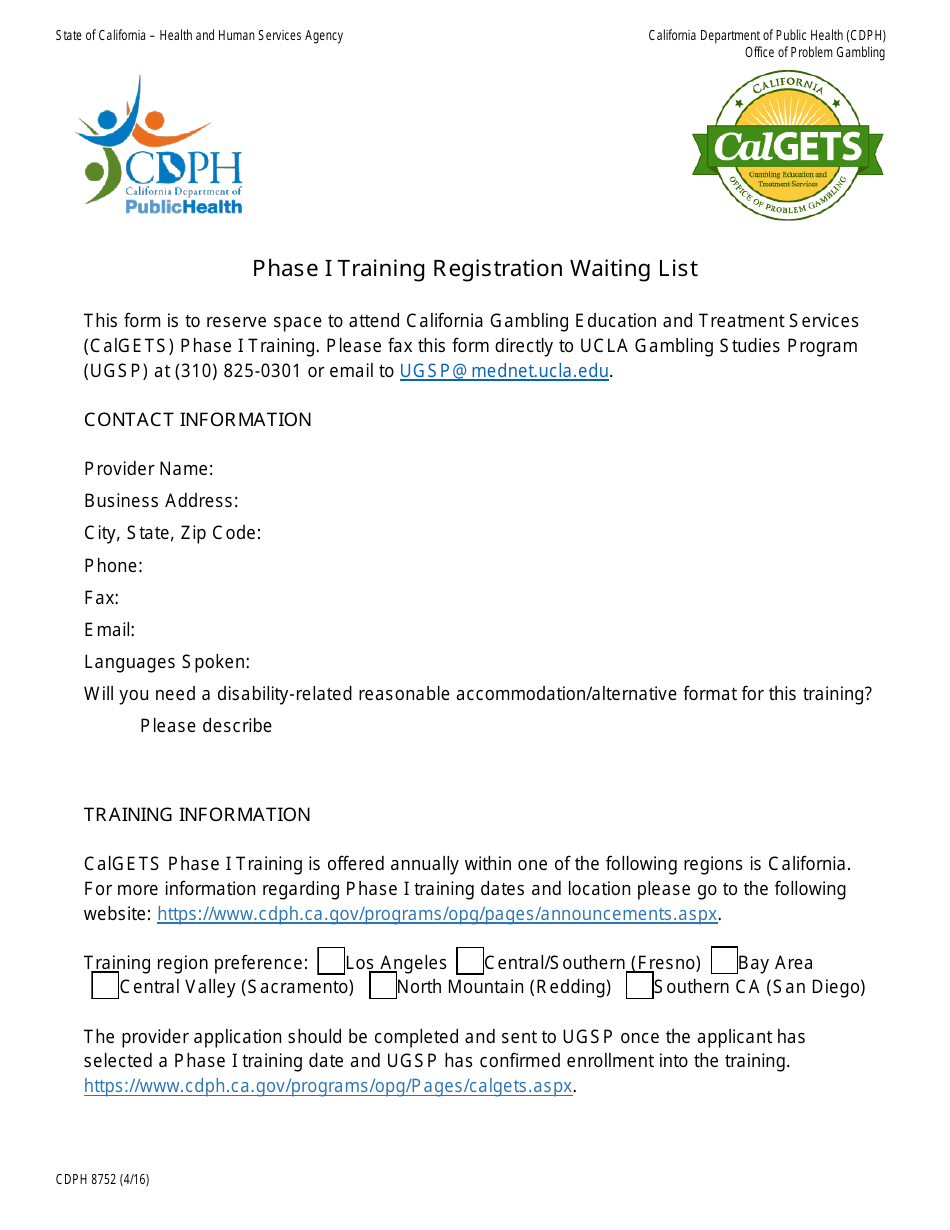 Form CDPH8752 Phase I Training Registration Waiting List - California, Page 1