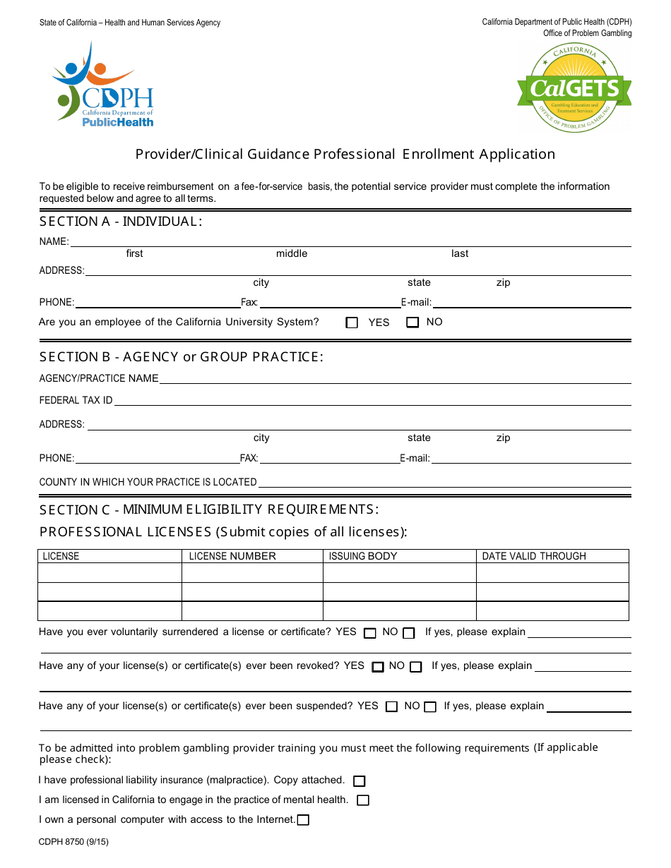 Form CDPH8750 Provider / Clinical Guidance Professional Enrollment Application - California, Page 1