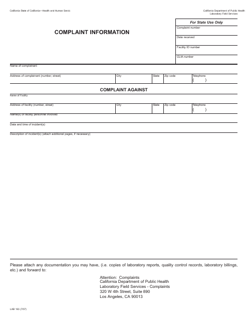 Form LAB163 Complaint Information - California