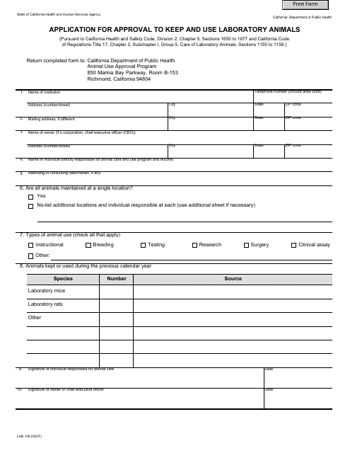 Form LAB139 Download Fillable PDF or Fill Online Application for Approval  to Keep and Use Laboratory Animals California | Templateroller