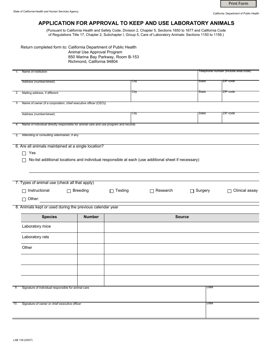 Form LAB139 Download Fillable PDF or Fill Online Application for Approval  to Keep and Use Laboratory Animals California | Templateroller