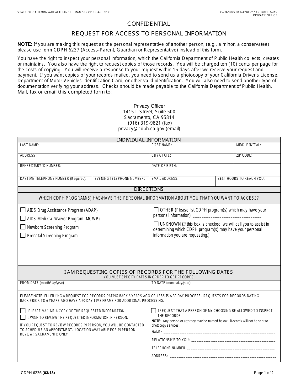 Form CDPH6236 - Fill Out, Sign Online and Download Fillable PDF ...