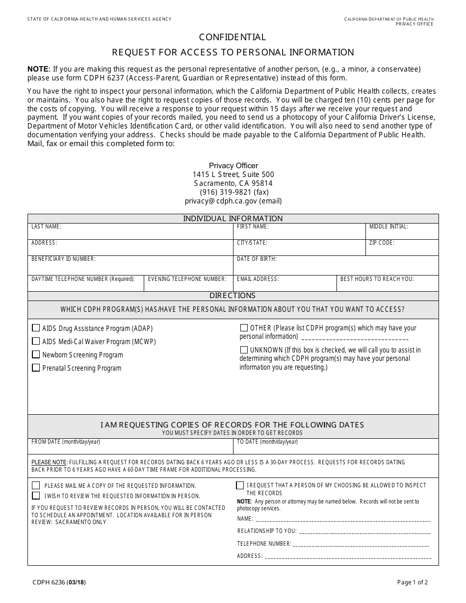 Form CDPH6236 Request for Access to Personal Information - California, Page 1