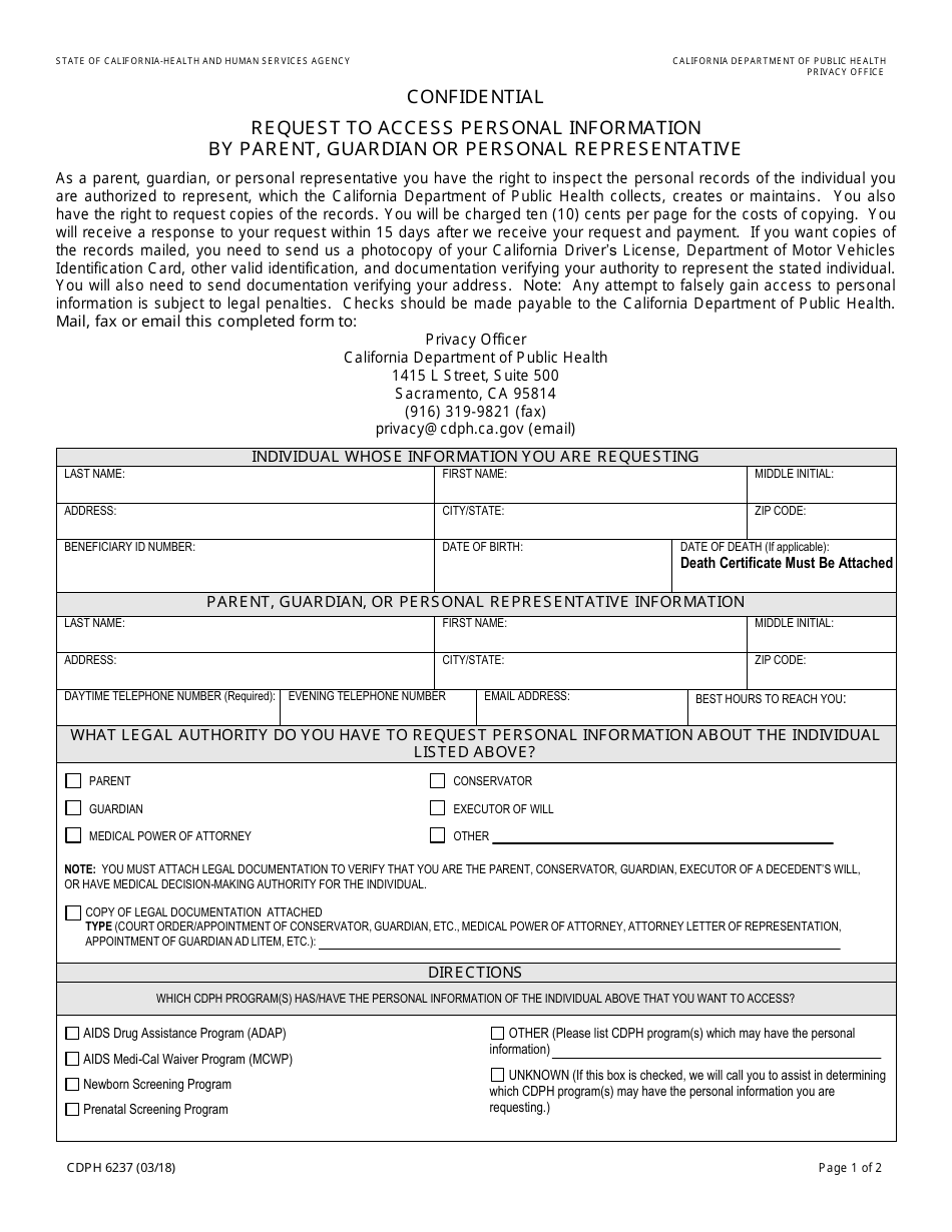 Form CDPH6237 Request to Access Personal Information by Parent, Guardian or Personal Representative - California, Page 1