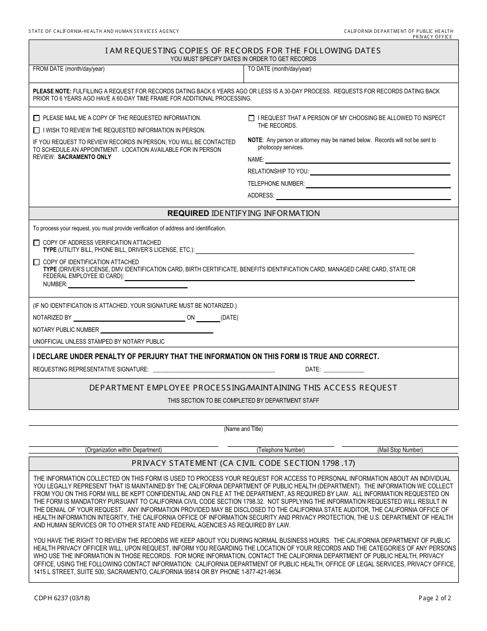 Form CDPH6237 Request to Access Personal Information by Parent, Guardian or Personal Representative - California, Page 2