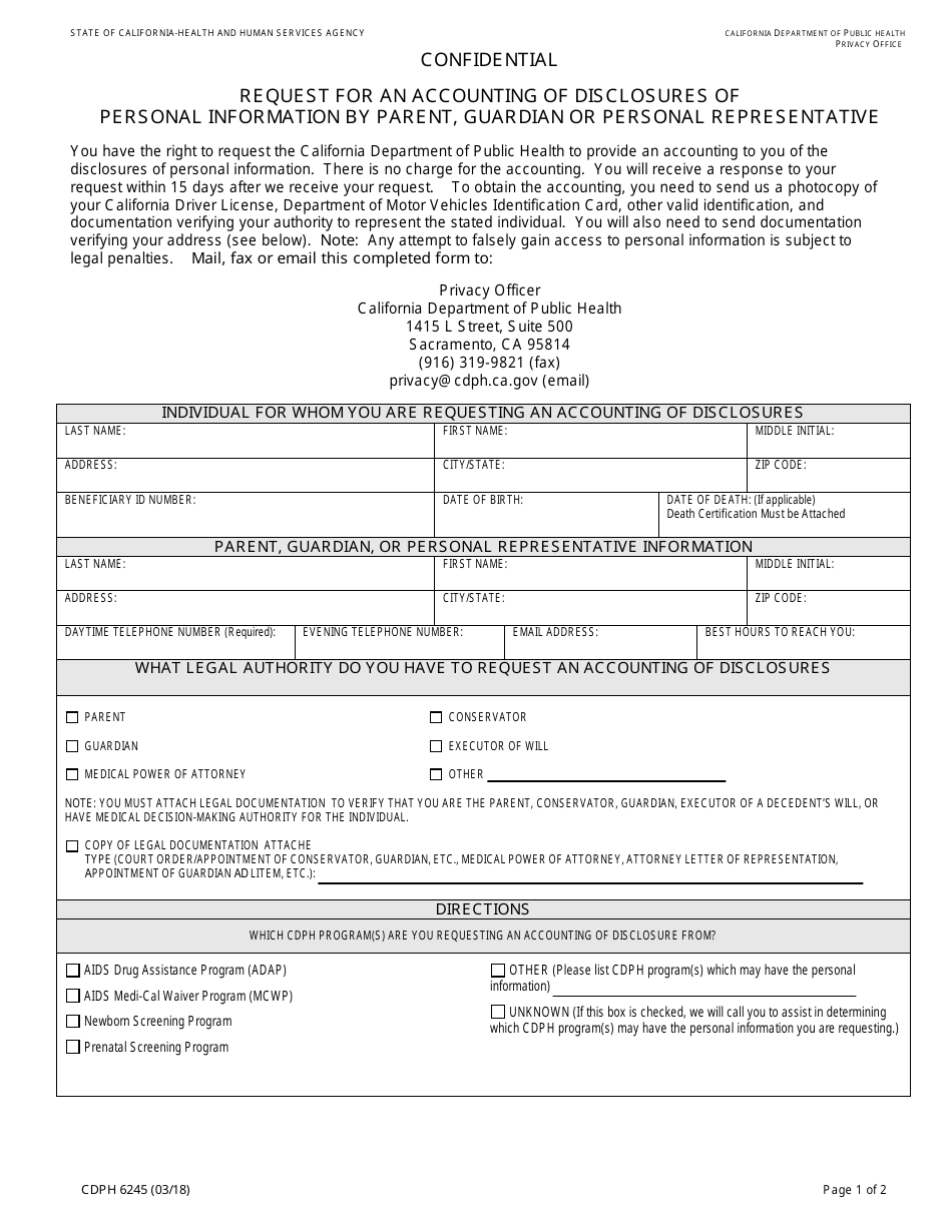 Form CDPH6245 Request for an Accounting of Disclosures of Personal Information by Parent, Guardian or Personal Representative - California, Page 1