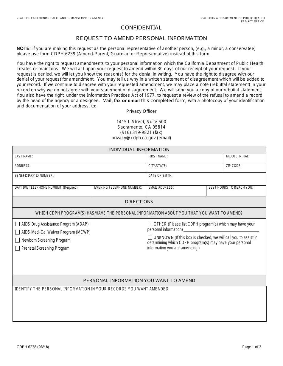 Form CDPH6238 Download Fillable PDF or Fill Online Request to Amend