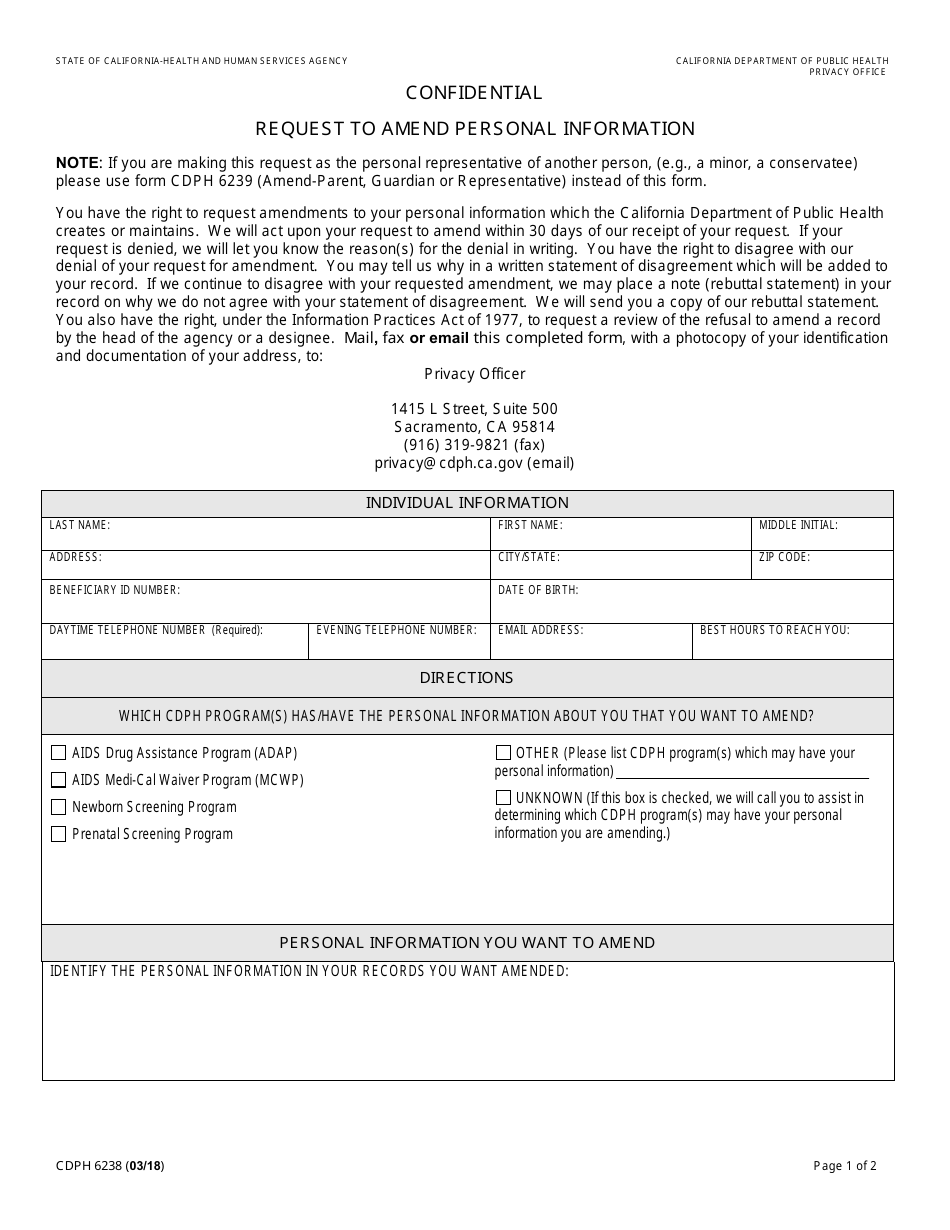 Form CDPH6238 Request to Amend Personal Information - California, Page 1
