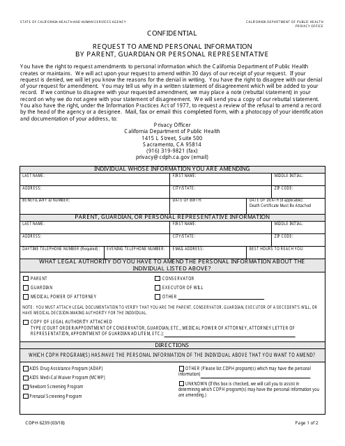Form CDPH6239 Request to Amend Personal Information by Parent, Guardian or Personal Representative - California