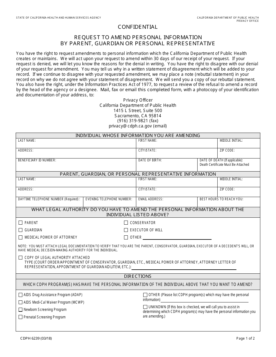 Form CDPH6239 Request to Amend Personal Information by Parent, Guardian or Personal Representative - California, Page 1