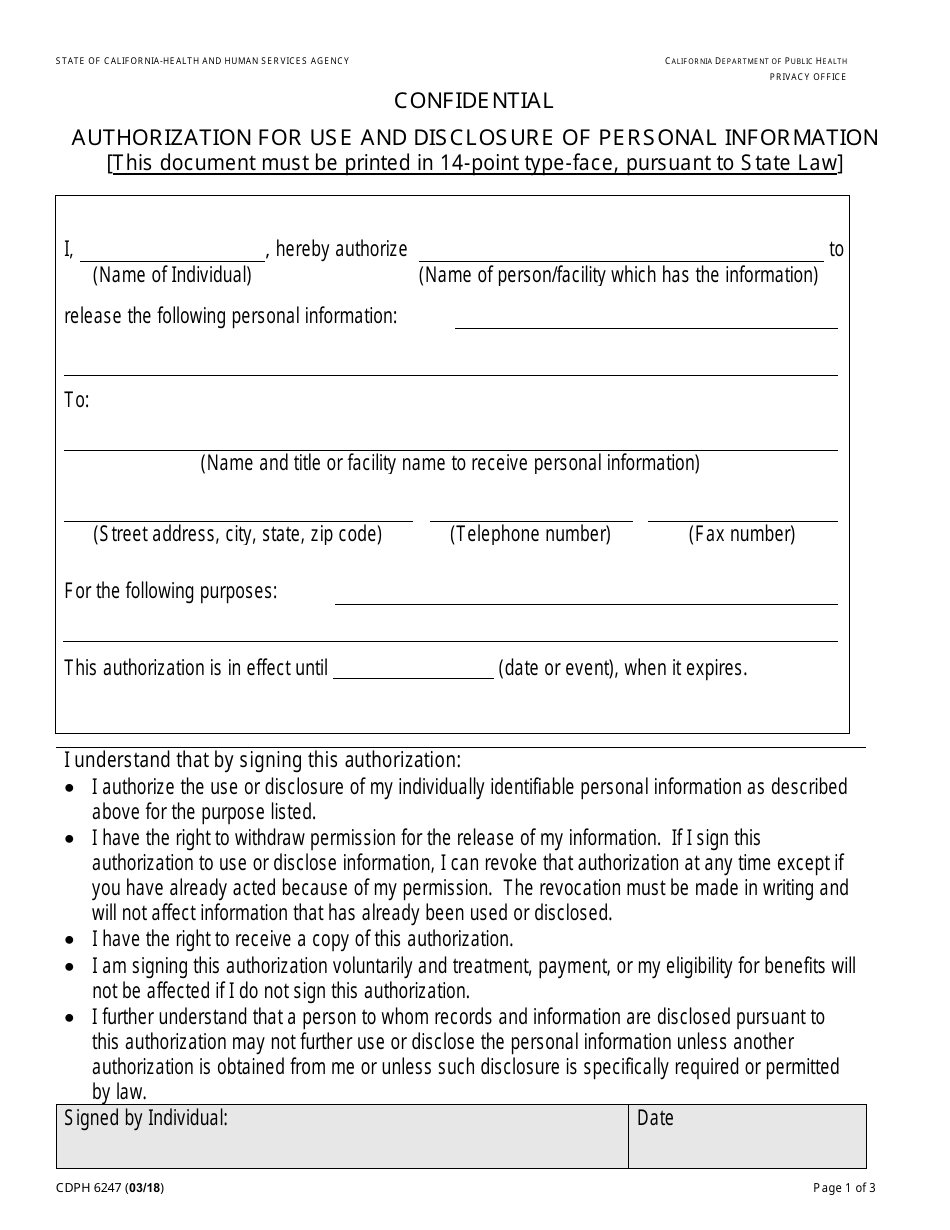 Form CDPH6247 Authorization for Use and Disclosure of Personal Information - California, Page 1