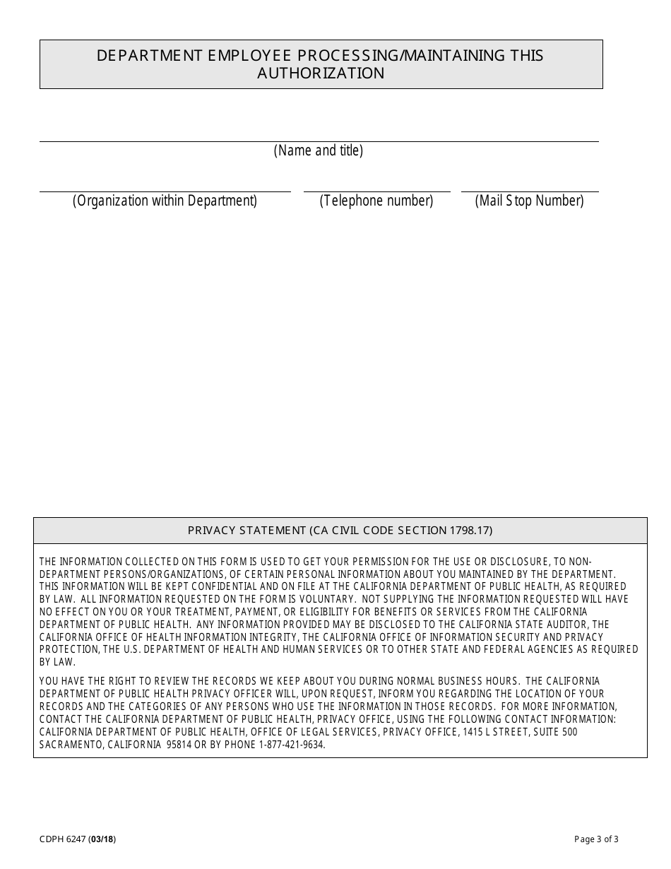 Form CDPH6247 Authorization for Use and Disclosure of Personal Information - California, Page 3