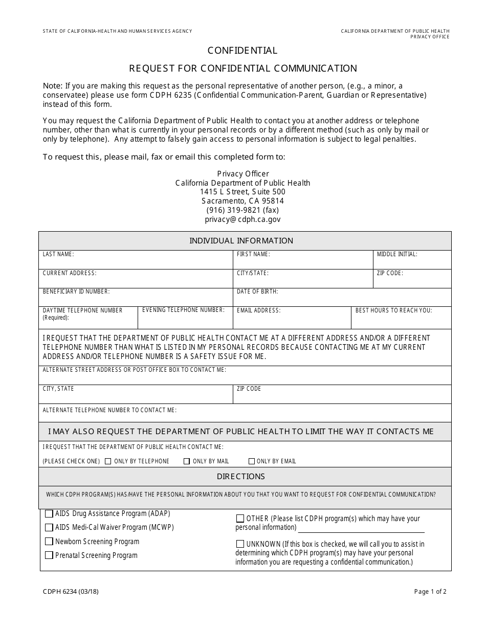 Form CDPH6234 Request for Confidential Communication - California, Page 1