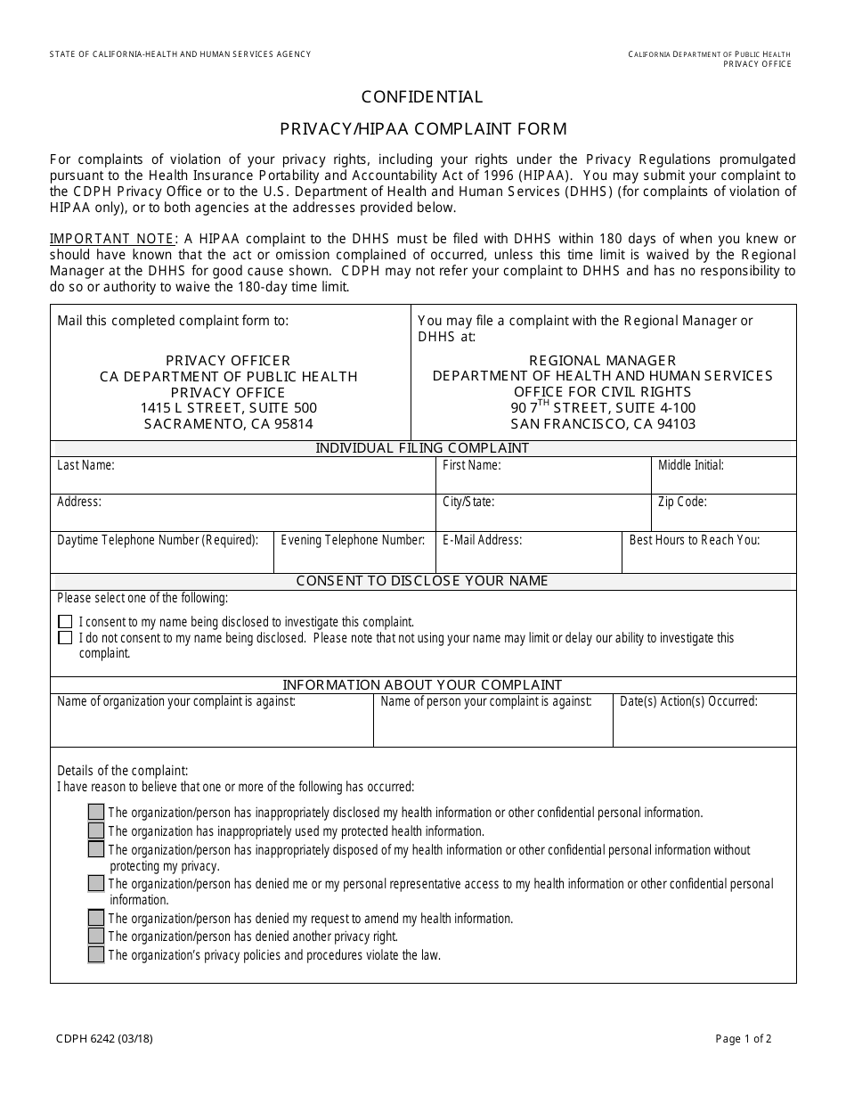 Form CDPH6242 Privacy / HIPAA Complaint Form - California, Page 1
