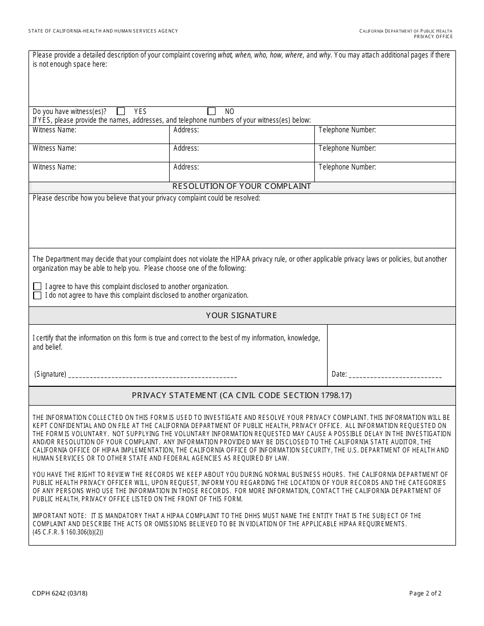 Form CDPH6242 Privacy / HIPAA Complaint Form - California, Page 2