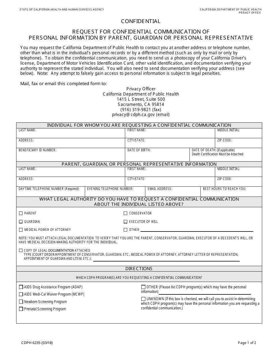 Form CDPH6235 Request for Confidential Communication of Personal Information by Parent, Guardian or Personal Representative - California, Page 1