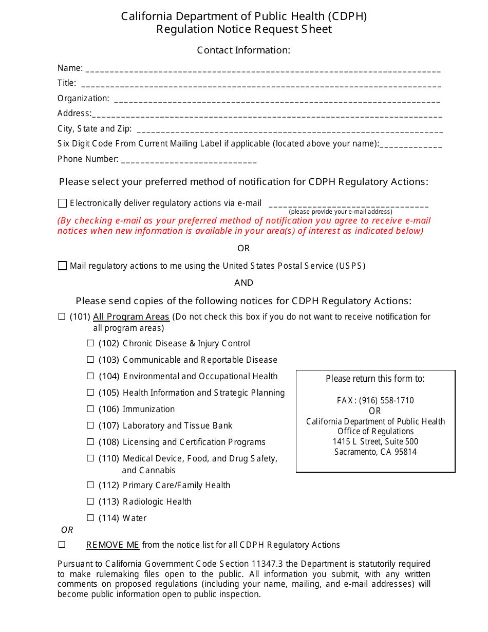 California Regulation Notice Request Sheet Fill Out, Sign Online and