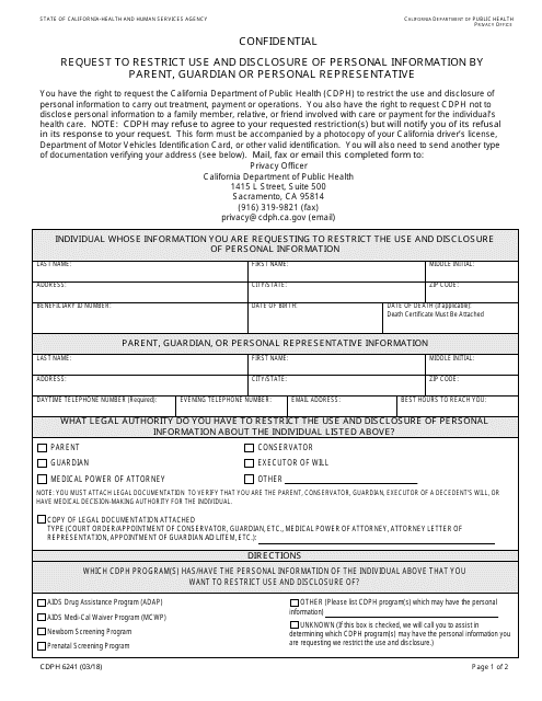 Form CDPH6241 Request to Restrict Use and Disclosure of Personal Information by Parent, Guardian or Personal Representative - California