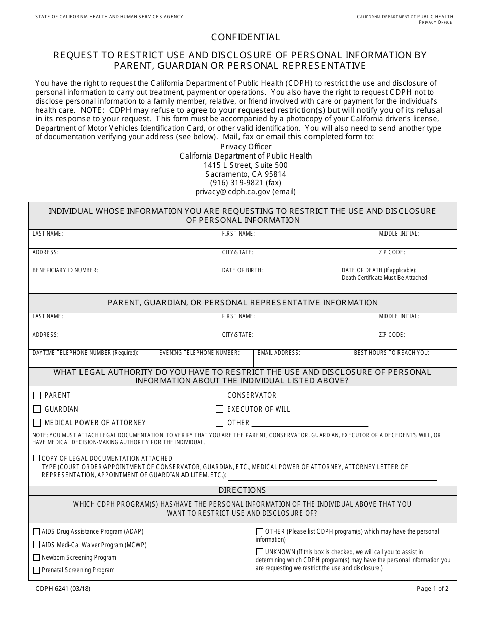 Form CDPH6241 Request to Restrict Use and Disclosure of Personal Information by Parent, Guardian or Personal Representative - California, Page 1