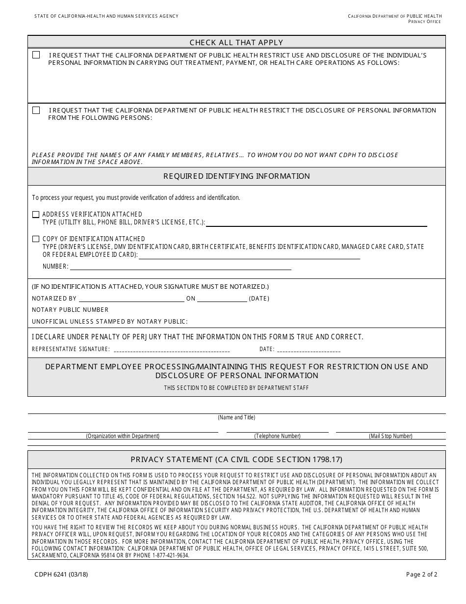 Form CDPH6241 Request to Restrict Use and Disclosure of Personal Information by Parent, Guardian or Personal Representative - California, Page 2