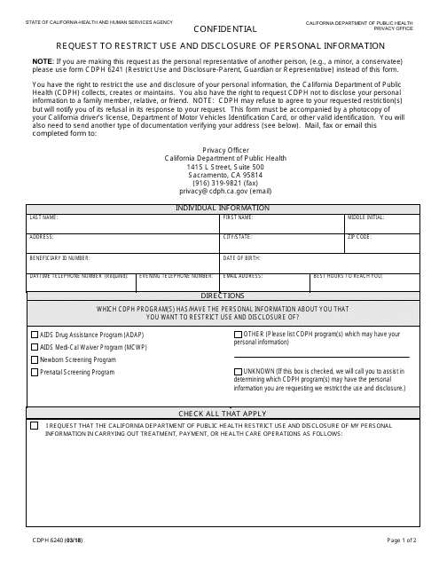 Form CDPH6240 Request to Restrict Use and Disclosure of Personal Information - California