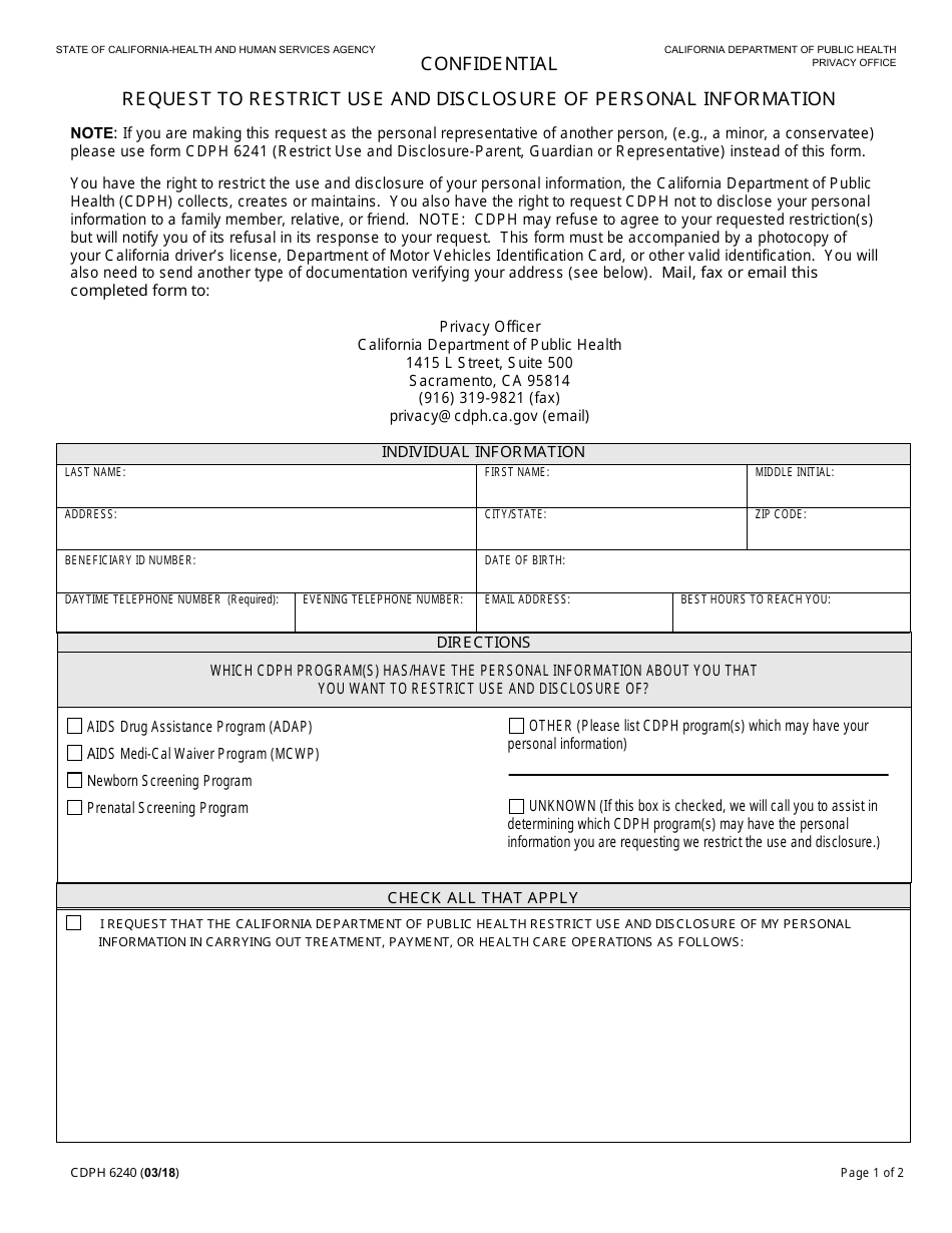 Form CDPH6240 Request to Restrict Use and Disclosure of Personal Information - California, Page 1