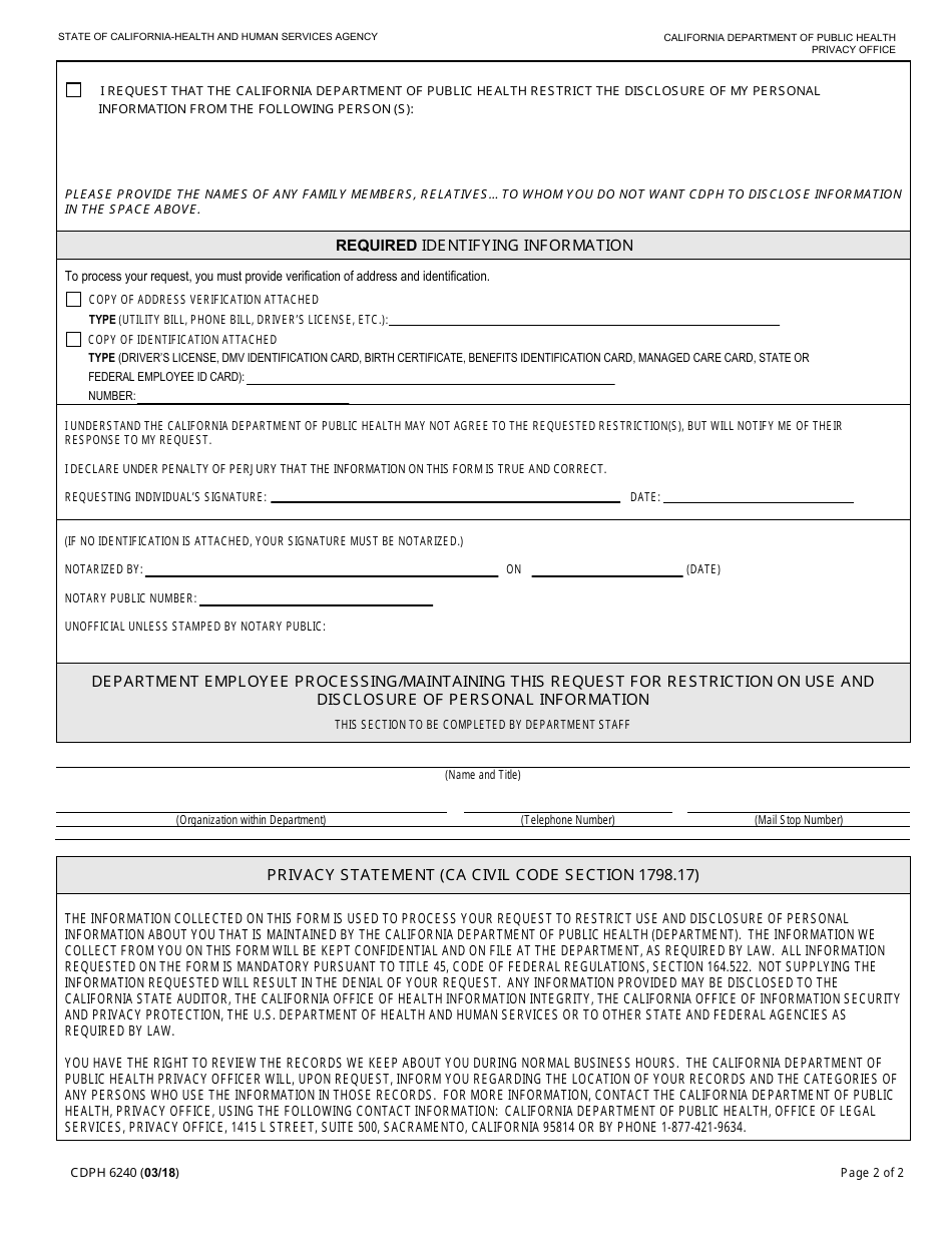 Form CDPH6240 - Fill Out, Sign Online and Download Fillable PDF ...