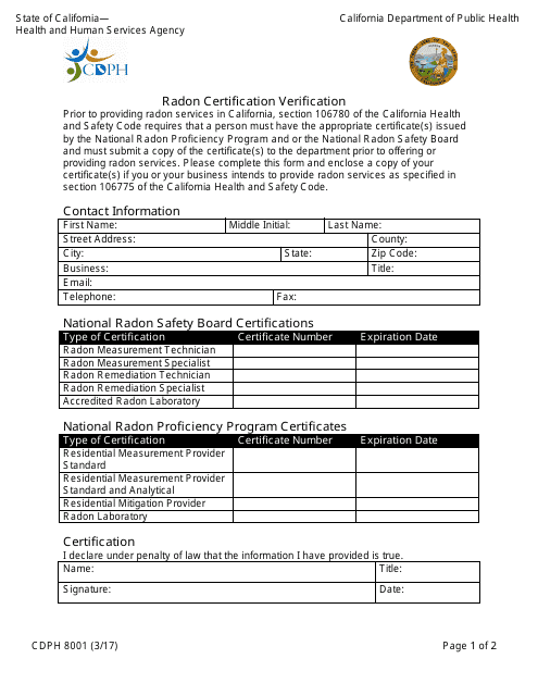 Form CDPH8001 Radon Certification Verification - California
