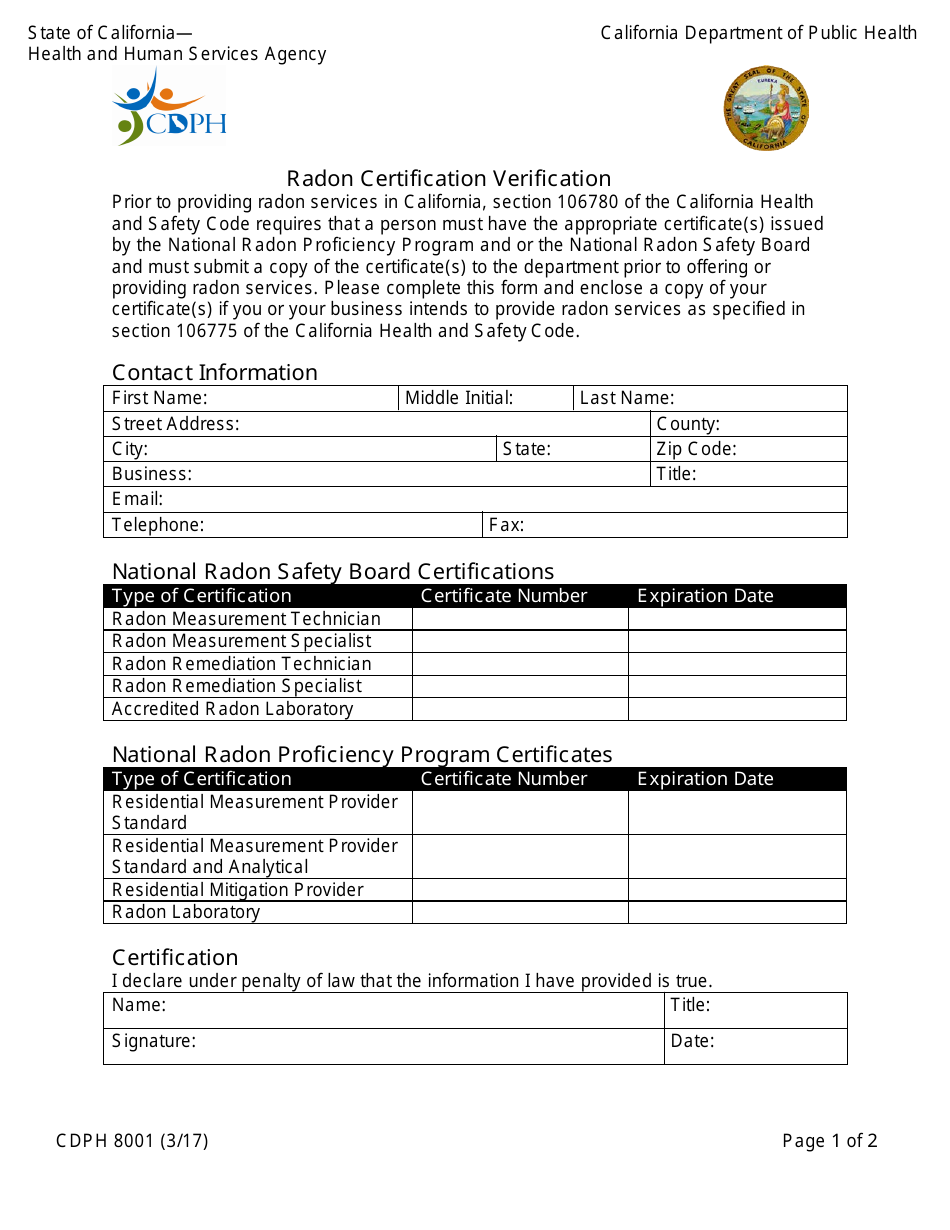 Form CDPH8001 Radon Certification Verification - California, Page 1