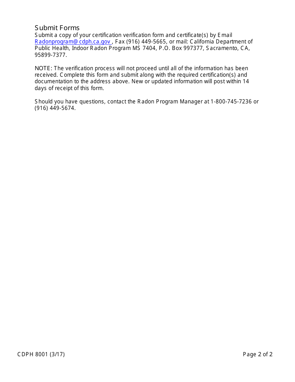 Form CDPH8001 Radon Certification Verification - California, Page 2
