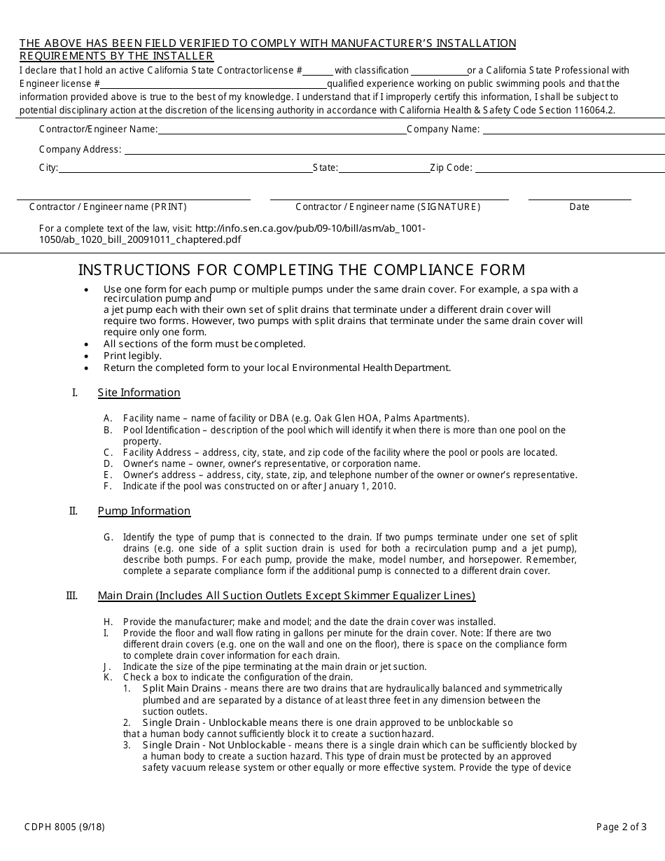 Form CDPH8005 Anti-entrapment Devices and Systems for Public Pools and Spas Compliance - California, Page 2